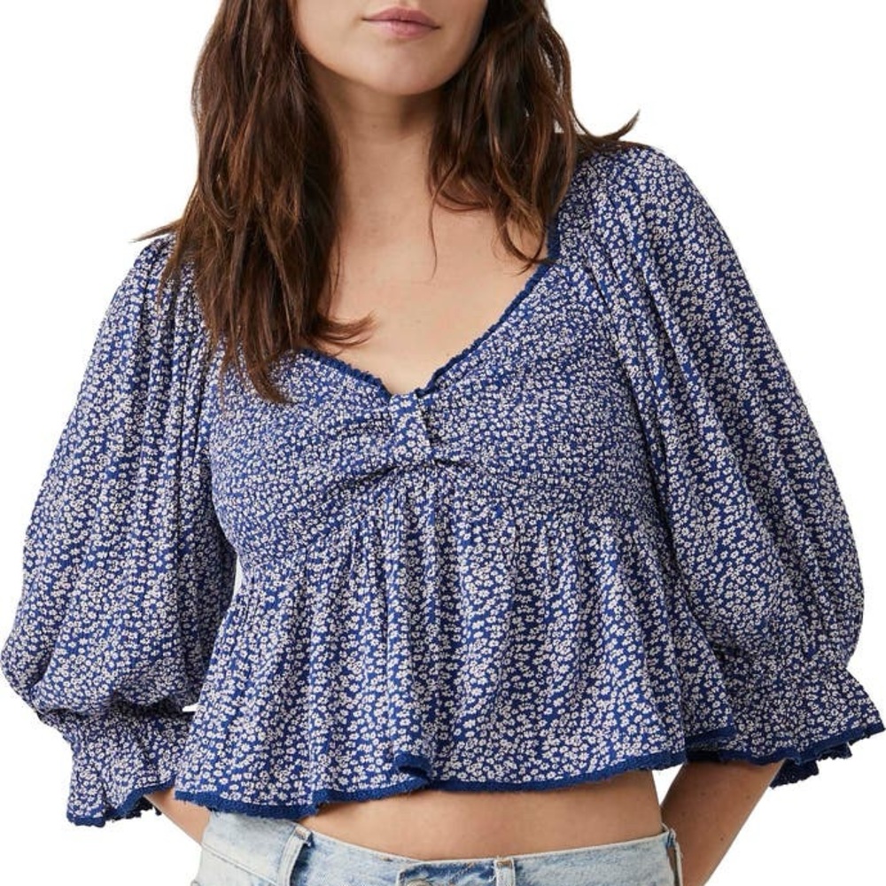 Free People Brittnee Print Smocked Back Peplum Top (size medium)